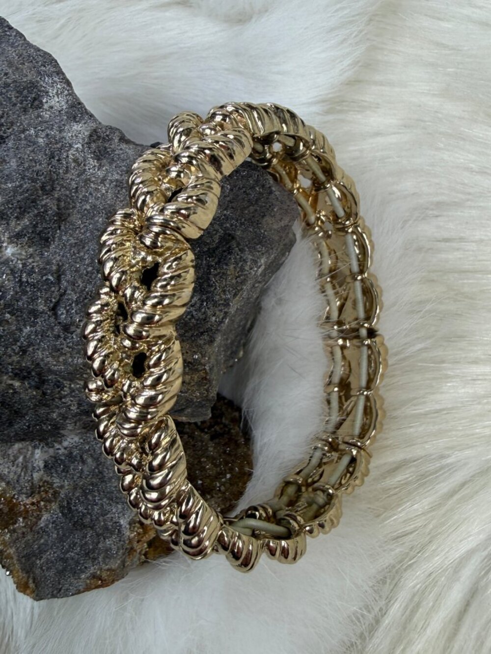 Gold Tone Rope Design Stretch Bracelet 6.5" - Picture 6 of 8